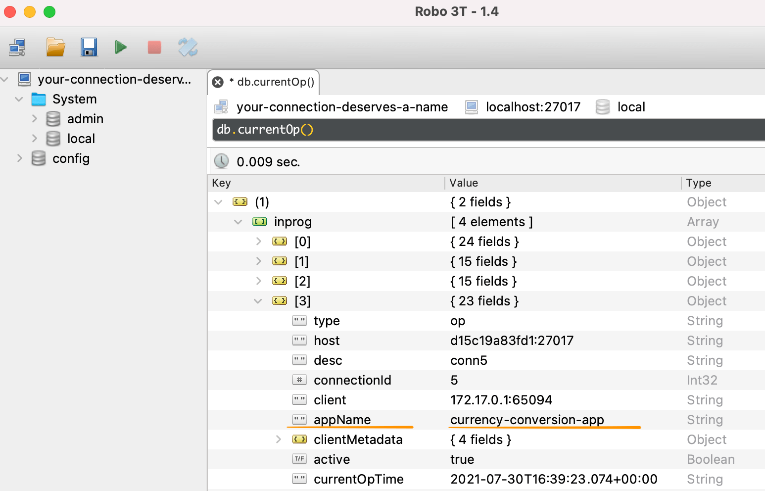 MongoDB: Output of db.currentOp() including the `appName` setting